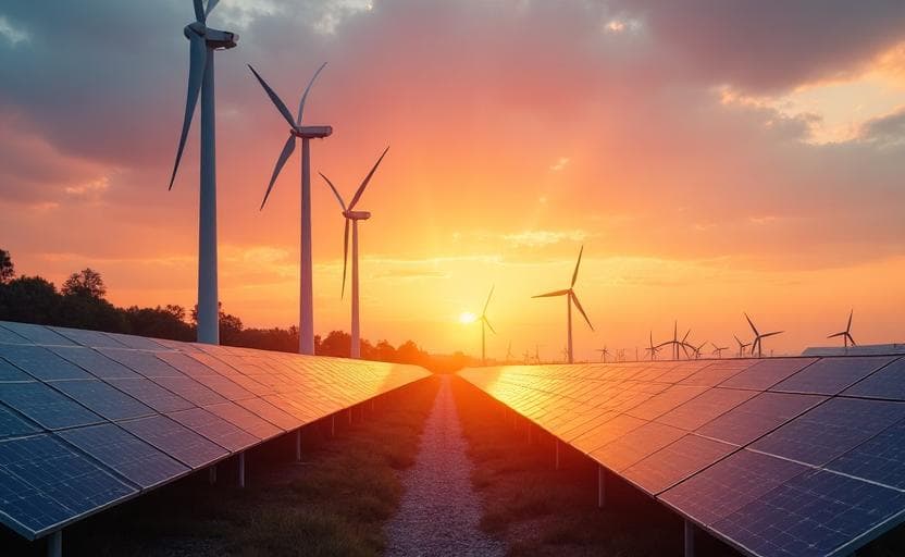Wind turbines and solar panels at sunrise